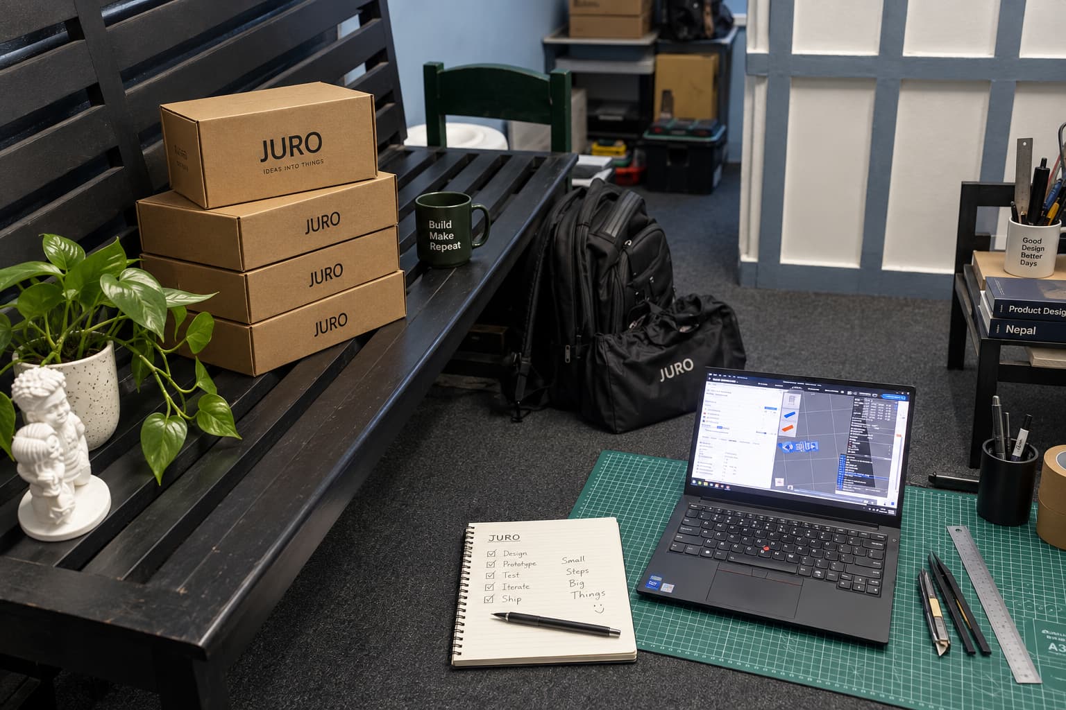 A welcoming JURO studio workspace prepared for design and production