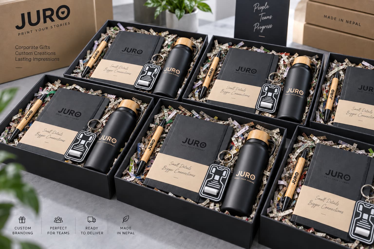 Finished JURO corporate gift boxes prepared as a delivery batch