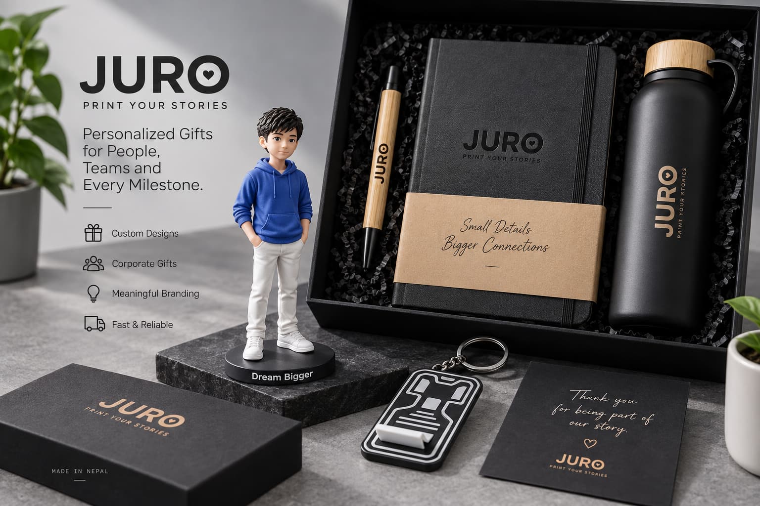 A complete JURO corporate gift kit with a custom figure, notebook, pen, thermo bottle, and keyring